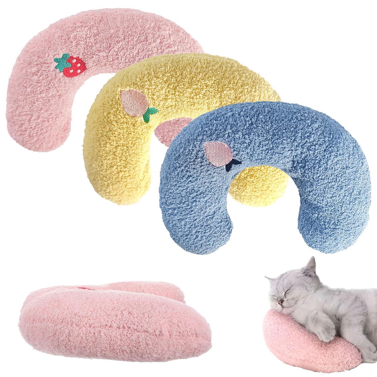 3 Pz Cuscino per Collo di Gatto,Cuscino a Forma di U per Gatti in Morbido e Confortevole,Cuscini Calmante per Animali per Dormire, Riposare, Giocare