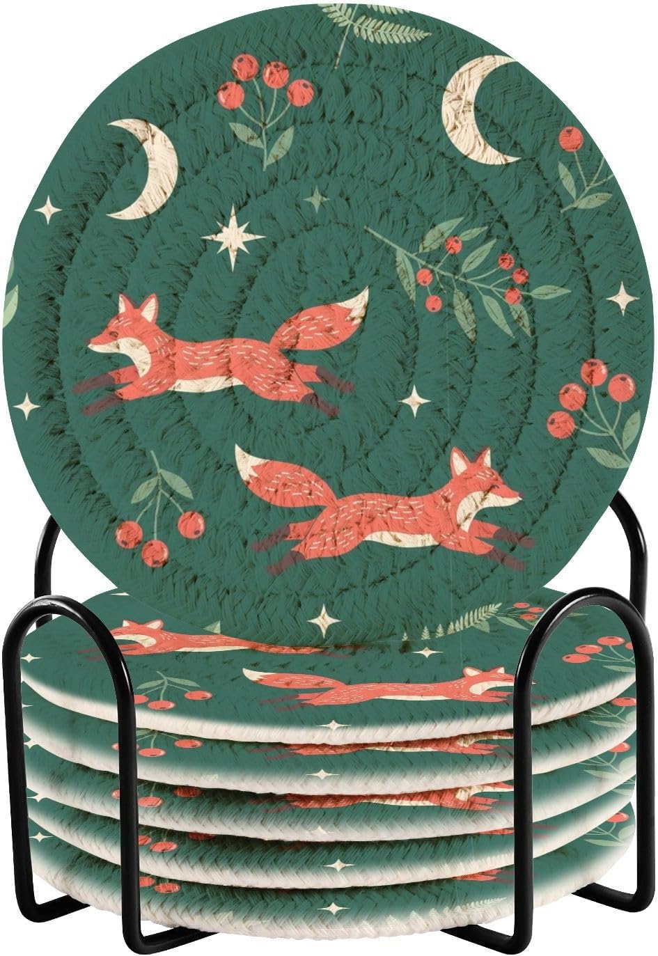 Winter Fox Berries Green Print Coasters for Drinks Set of 6 Drink Coasters with Holder Absorbent for Coffee Table Office Desk New Home Decor