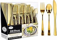 Vista 1 de Juego de cubiertos de plástico dorado, 160 unidades, cubiertos extra resistentes, cubiertos desechables, 80 tenedores, 40 cucharas, 40 cuchillos