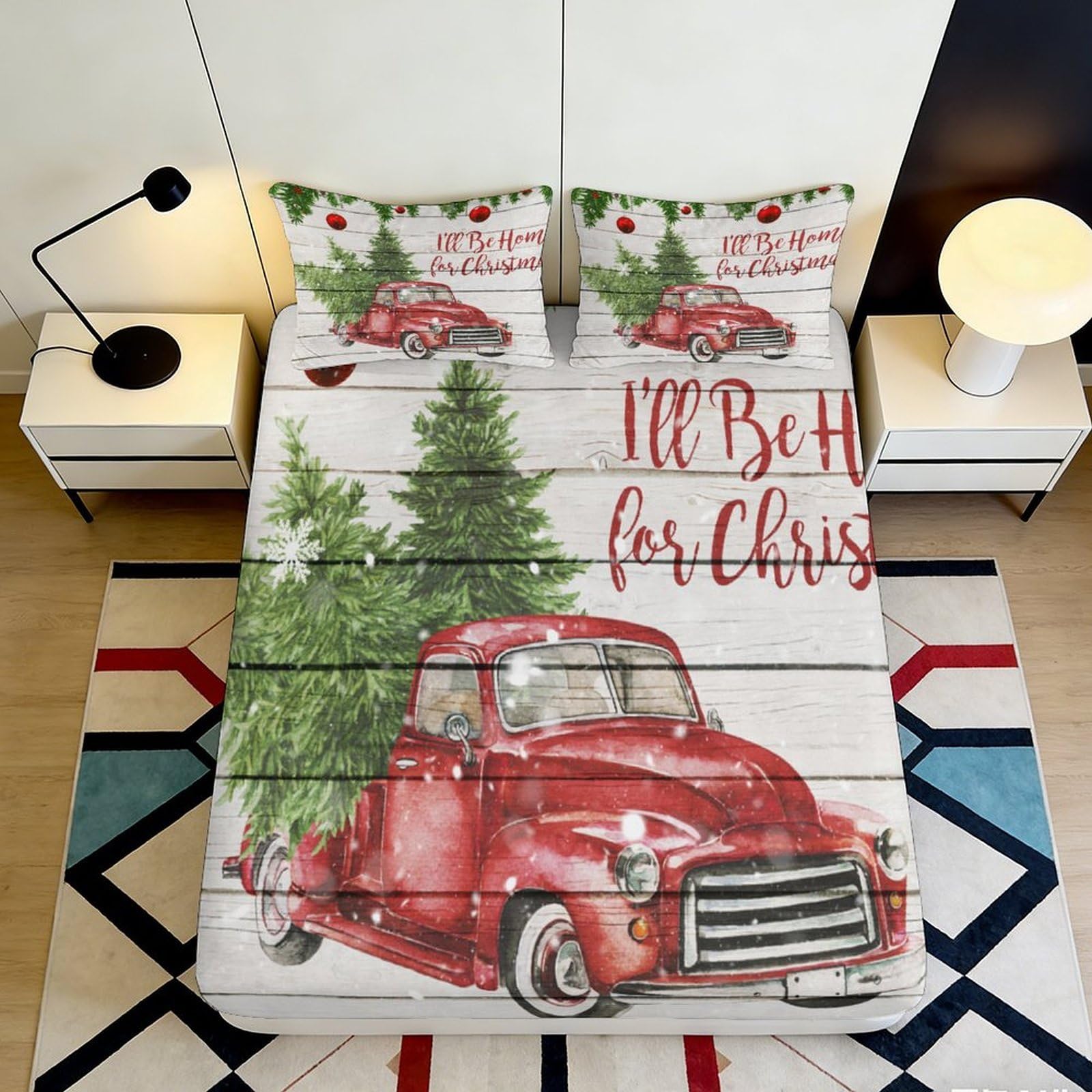 Jqzkxnhpbr Style-4 3D Printed Christmas Red Truck Fitted Sheet Microfiber Soft Bed Cover For Bedroom Guest Room Decor Dustproof 90X200x25cm