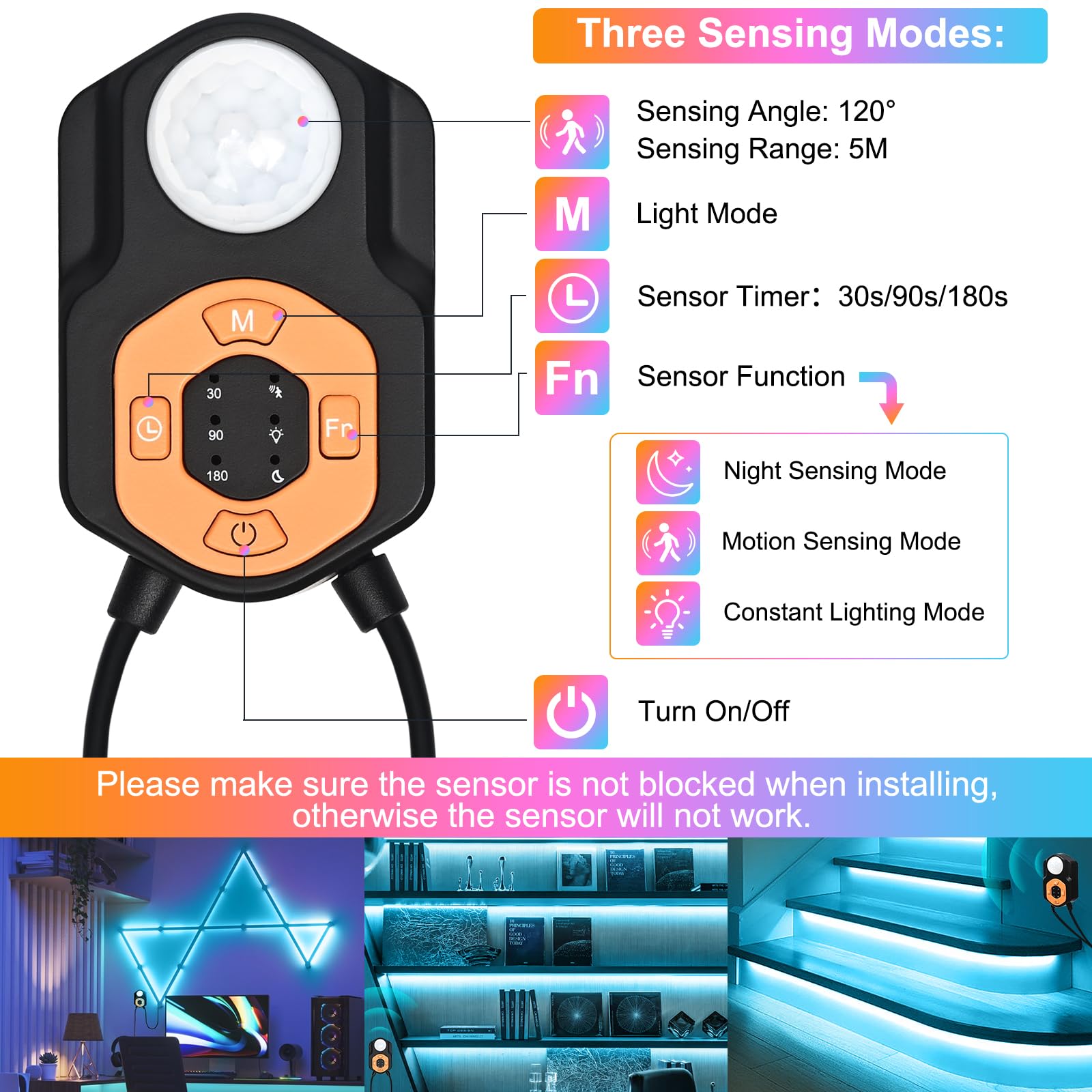 Tira de luz LED con sensor de movimiento para interiores de 6 m, luces debajo de la cama, cambio de color RGB, sincronización de música, aplicación y control remoto, adaptador con certificación ETL