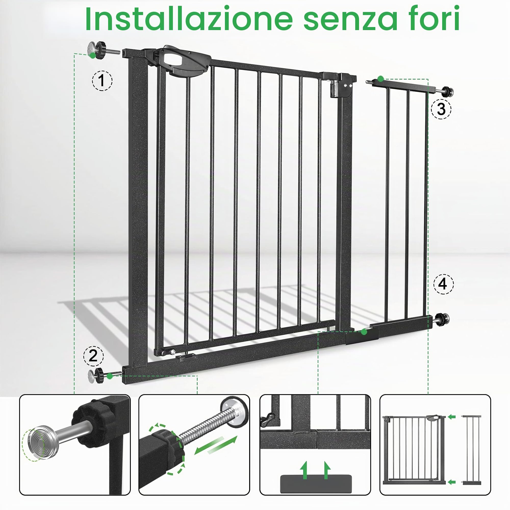 Yuenfong - Cancelletto di sicurezza per scale e porte, montaggio senza forature, per scale, sicurezza dei bambini, chiusura automatica, apertura sui 2 lati a 180°, larghezza 95 - 105 cm, nero