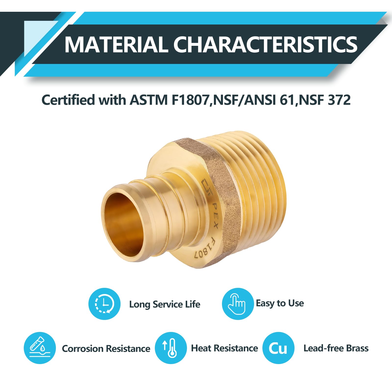 (10-pak) Złączki PEX, Pex 3/4"x3/10.2 cm adapter NPT, mosiężne złączki zaciskowe, do rur rurowych PEX, ASTM F1807