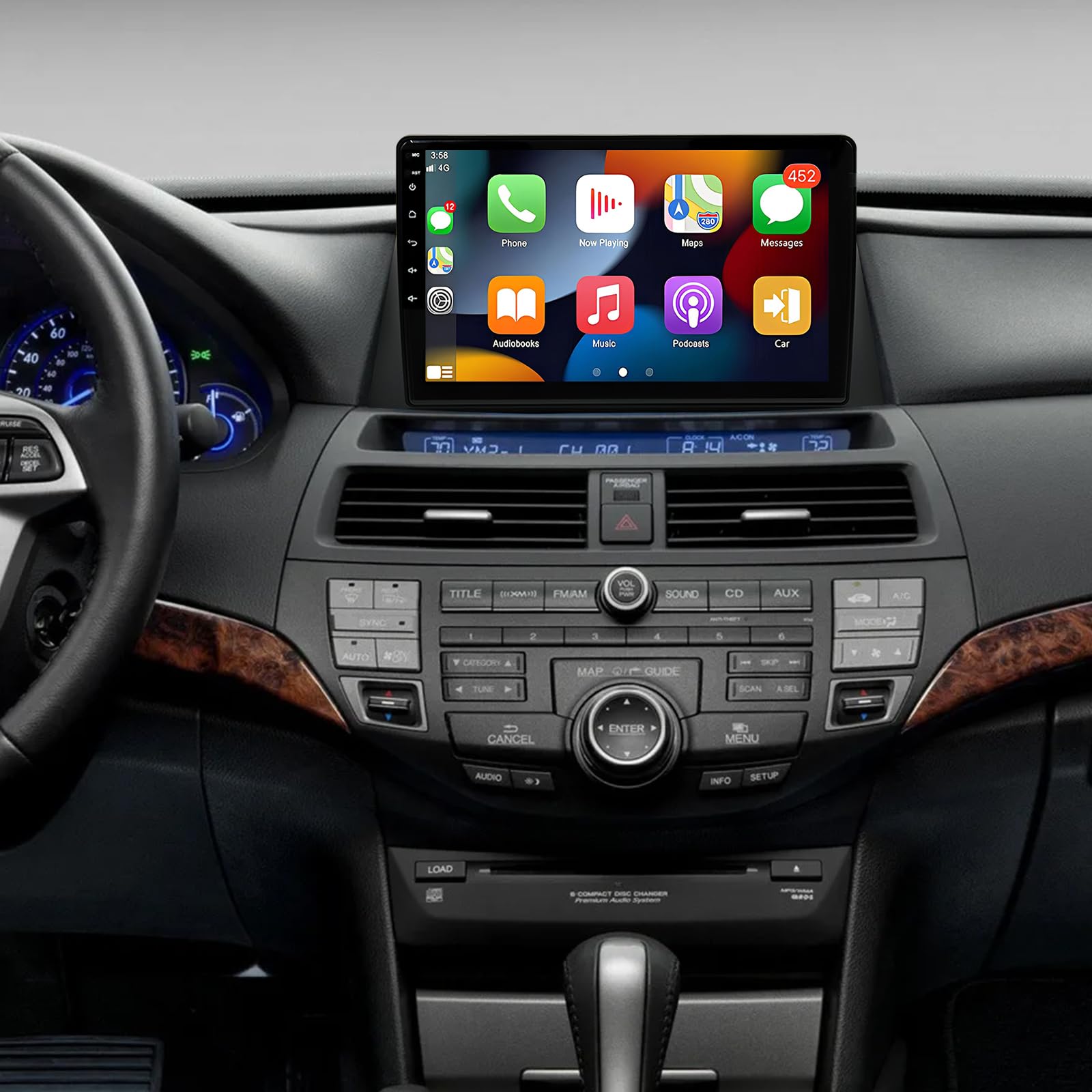 Comparison image showing the car's dashboard before and after installation of the 10.1-inch Android car stereo.