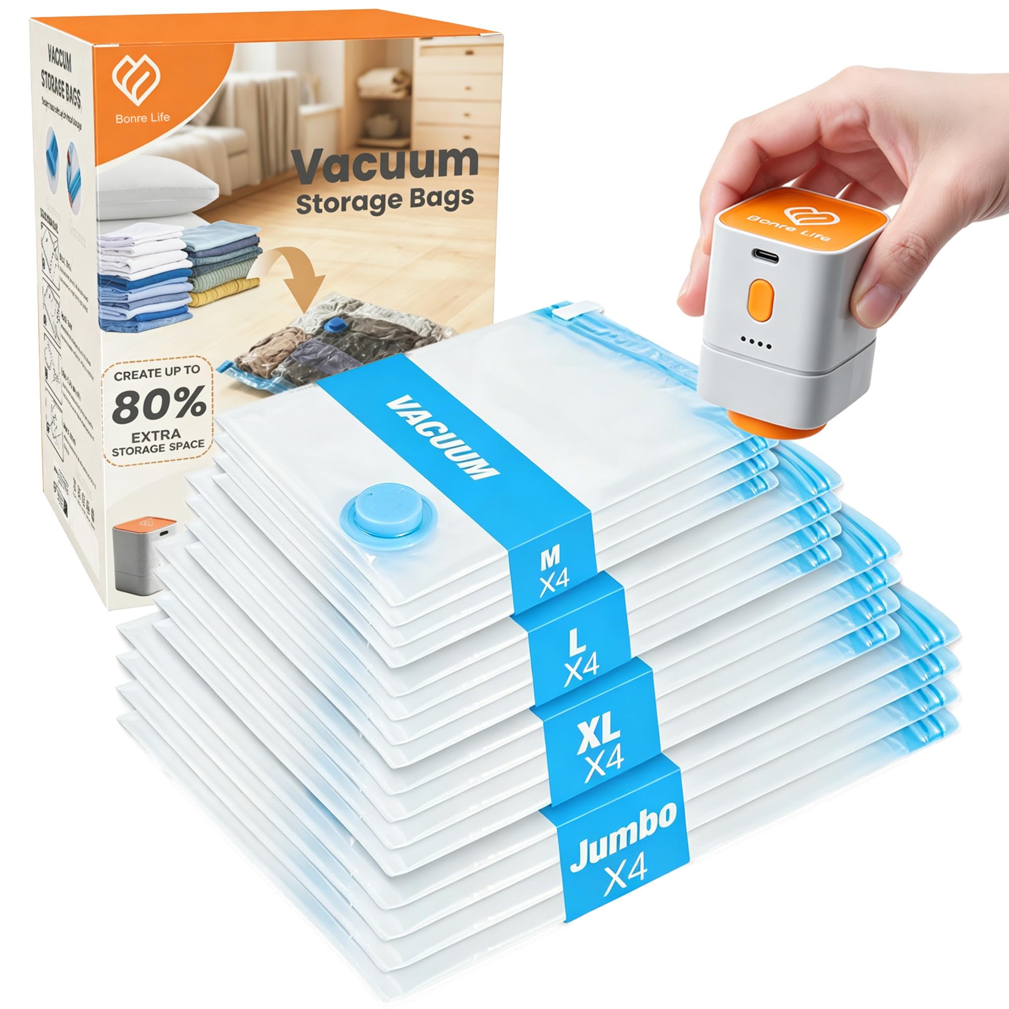 Vacuum Storage Bags with Cordless Pump, 16-Pack Space Saver Vacuum Seal Bags for Blankets, Clothes & Bedding, Reusable Compression Bags in 4 Large Sizes (MโJumbo), Long-Side Opening