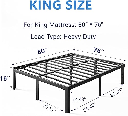 Miniatura 3 de Nordicbed Marco de cama King de metal de 16 pulgadas de alto, no necesita somier, plataforma de marco de cama de tamaño King resistente, sin ruido,