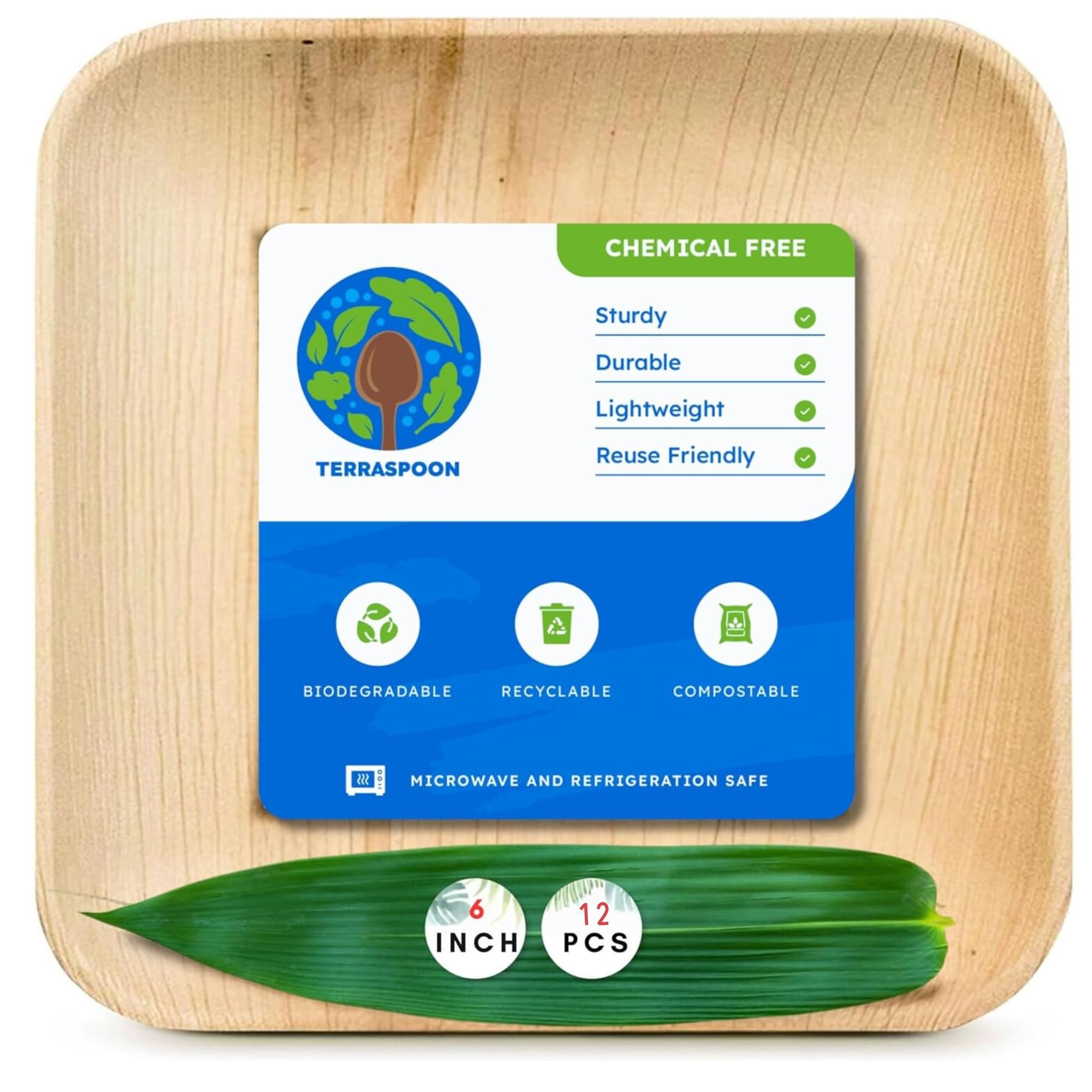 6 Inch Palm Leaf Square Plates (12 PACK), Strong, Bamboo Like, Compostable And Biodegradable Eco Friendly Plates - Pack Of 12