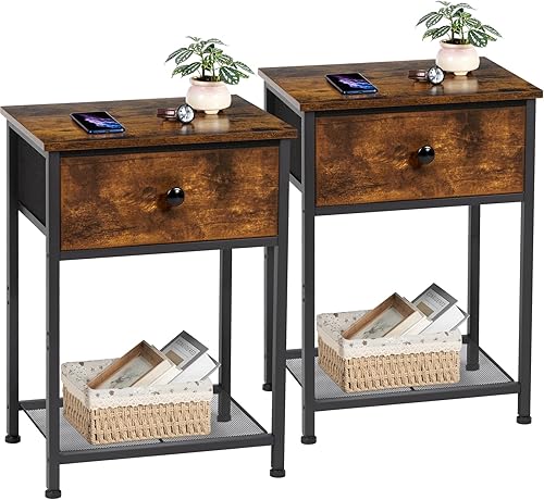 Miniatura 1 de AMHANCIBLE Juego de 2 mesitas de noche con cajón de tela, mesas auxiliares industriales para sala de estar con estante de almacenamiento, mesita de
