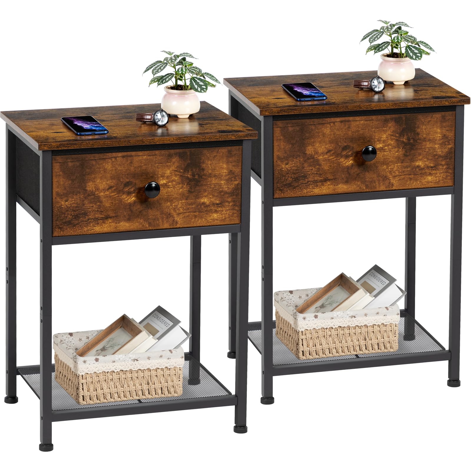 AMHANCIBLE Night Stand Set 2, Nightstand with Fabric Drawer, Industrial End Tables Living Room with Storage Shelf, Slim Bedside Table for Bedroom, Small Spaces, Rusic Brown, HET03SDBR