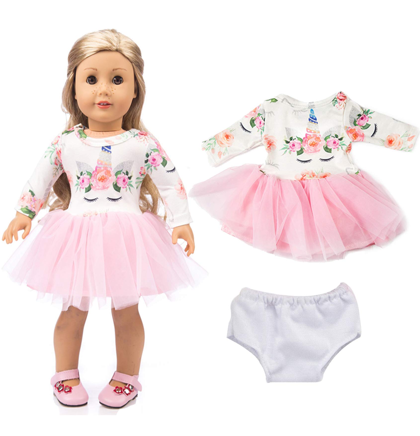 ebuddy Pink Long Sleeve Veil Soft Cotton Unicorn Doll Dress Clothes with Underwear for American 18 inch Girl Doll Most 18" Dolls