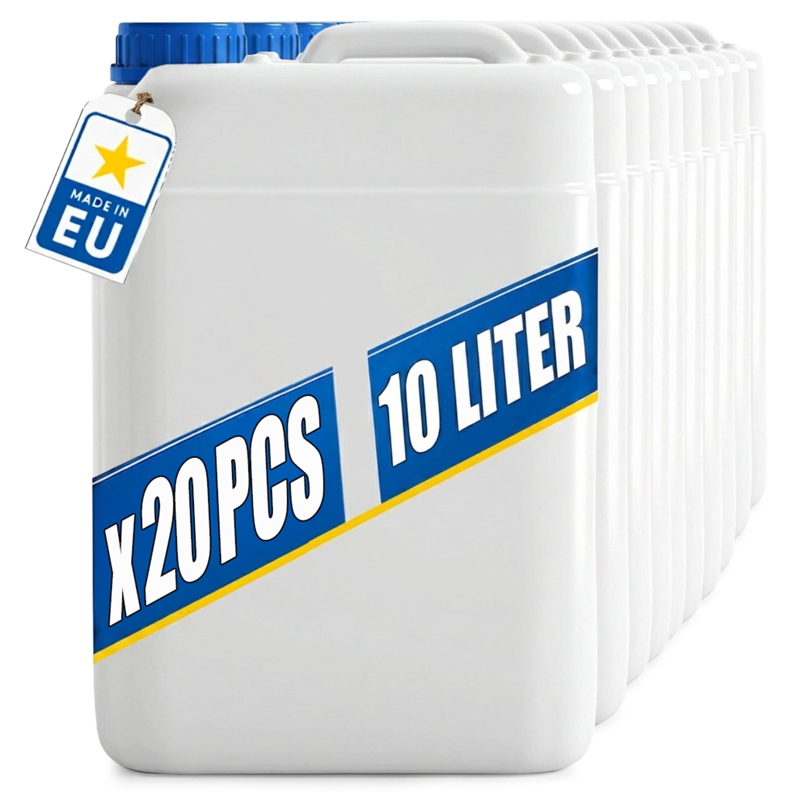 POSH Tanica da 20 x 10 l con tappo a vite, contenitore trasparente in HDPE per liquidi, acqua e olio, ermetico e impilabile, set di taniche in plastica per casa, giardino, campeggio e officina