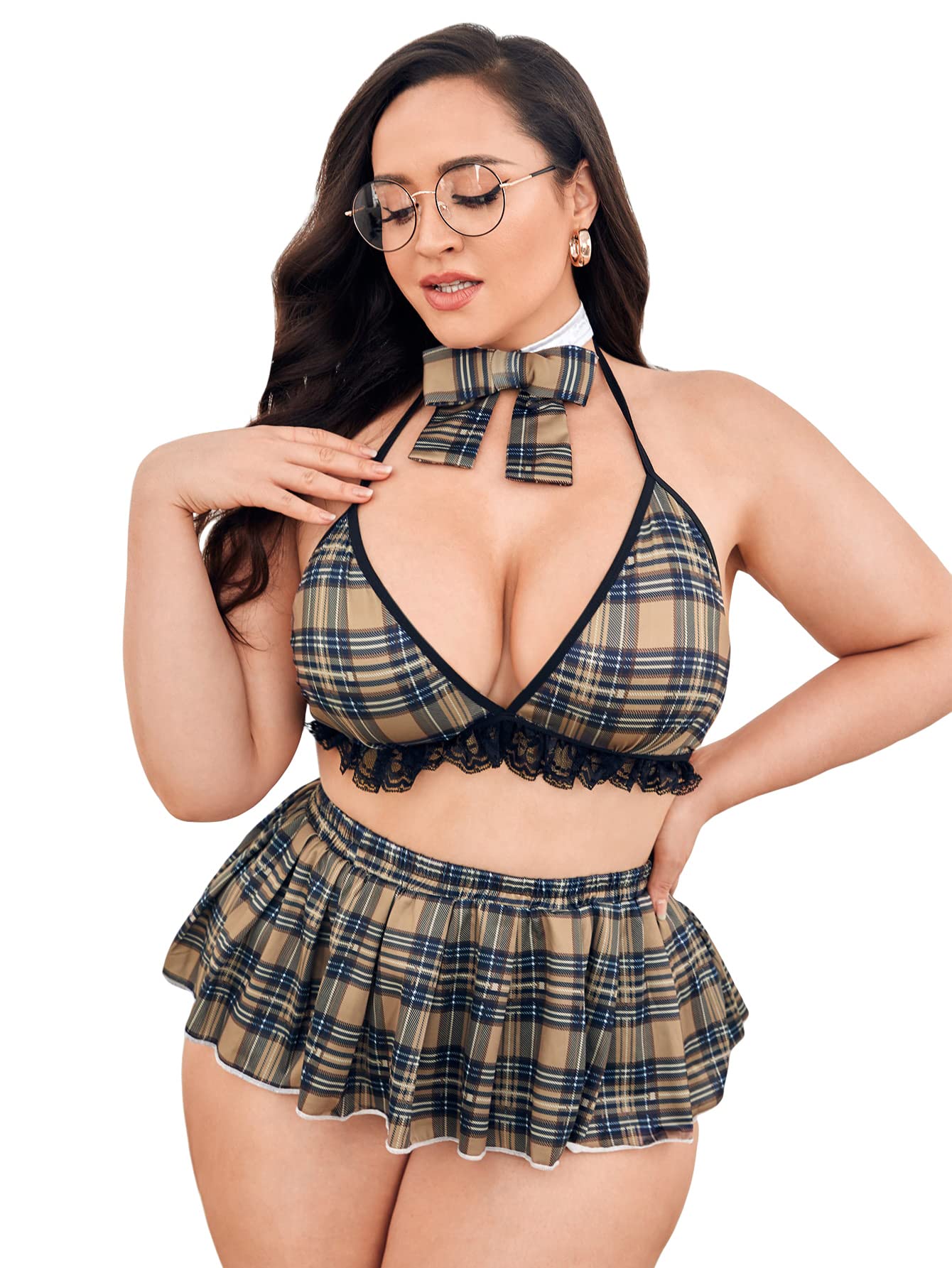 WDIRARAWomen's Plus Size Plaid School Girls Costumes Halter Bra with Skirt Lingerie Set with Bow Tie