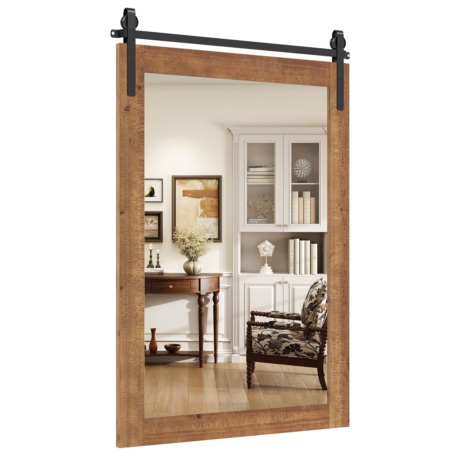COSTWAY Decorative Rustic Wall Mirror, Rectangle Barn Door Hanging Vanity Mirror, Farmhouse Solid Wood Frame Wall Mounted Mirror for Bathroom, Living Room, Bedroom and Hallway (Rustic Brown, 91x61cm)