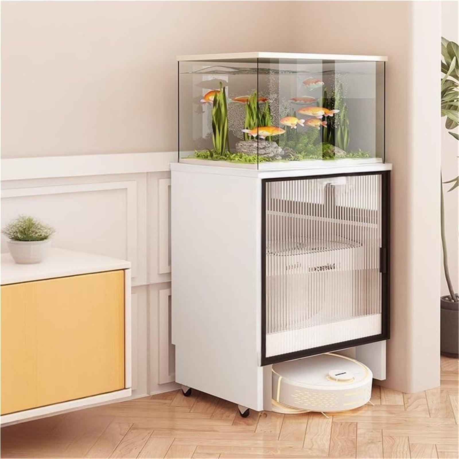 MESCXTY Home Furnishing Over The Robot Storage Shelf with Glass Door and Wheels Cabinet Vacuum Hidden for Living Room(White,75cm/29.5in)