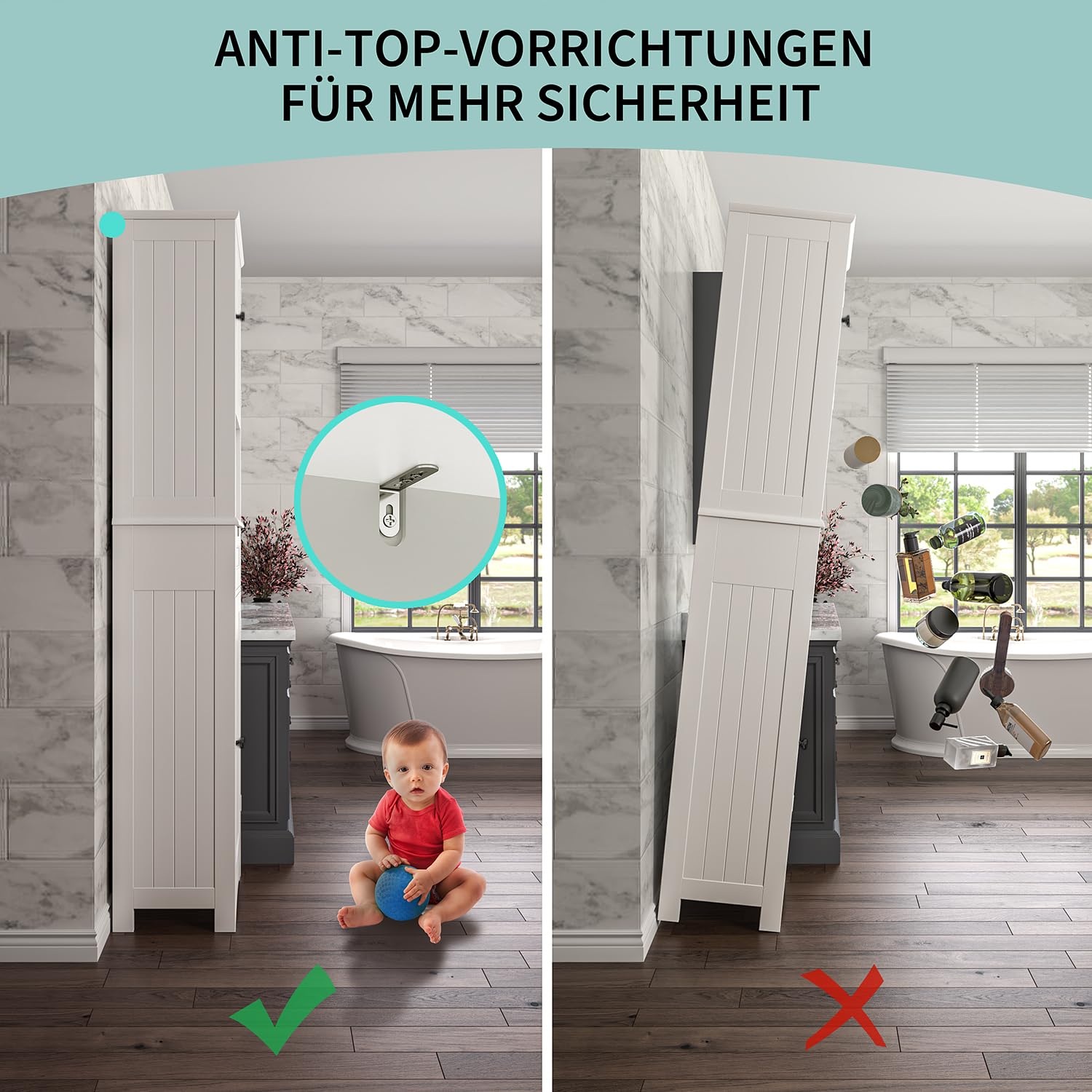 Bealife Hoher Badezimmerschrank, Aufbewahrungsschrank mit Offenem Fach, Badezimmerschrank mit Verstellbaren Einlegeböden für Bad, Wohnzimmer, Küche, Weiß, 30 x 40 x 170 cm