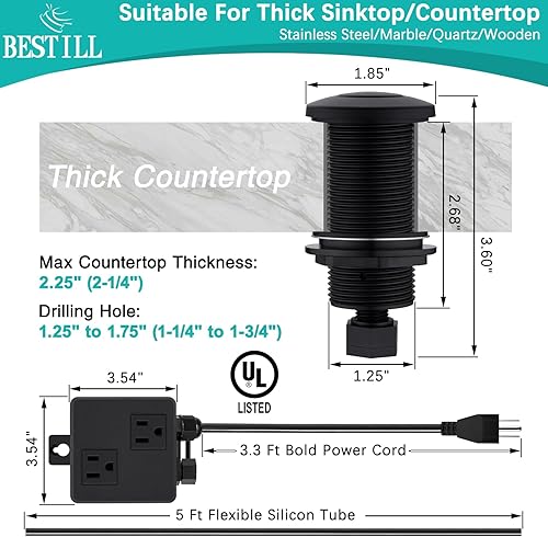 Miniatura 6 de BESTILL Kit de interruptor de aire superior para eliminación de basura, botón negro mate de 3.6 pulgadas de largo con cubierta de latón, módulo de