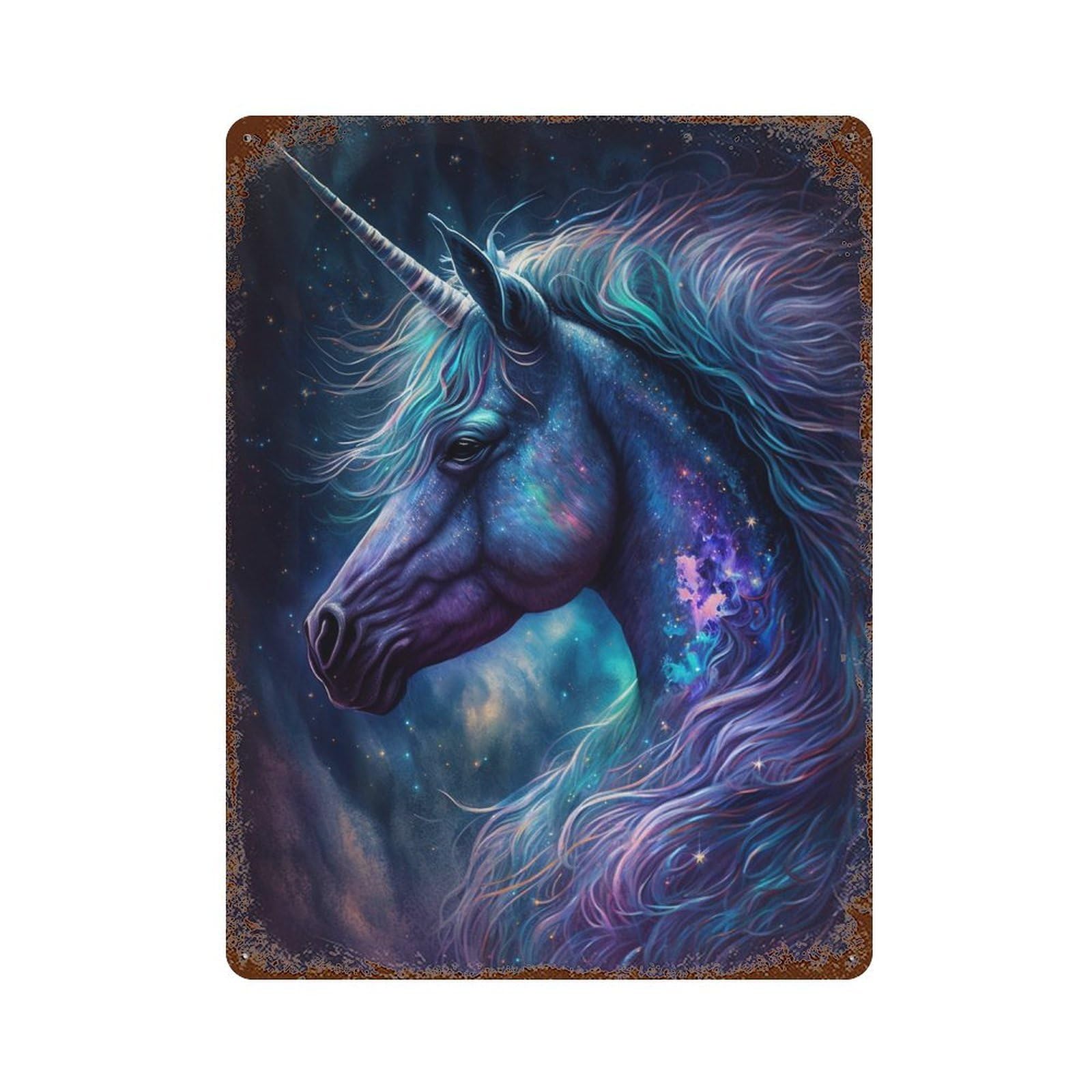 Rust Effect Galactic Unicorn Fantasy Art Print -2 Weathered Tin Sign 15.7"x11.8", Farmhouse Wall Decor for Farmhouse, Kitchen And Entryway Decor
