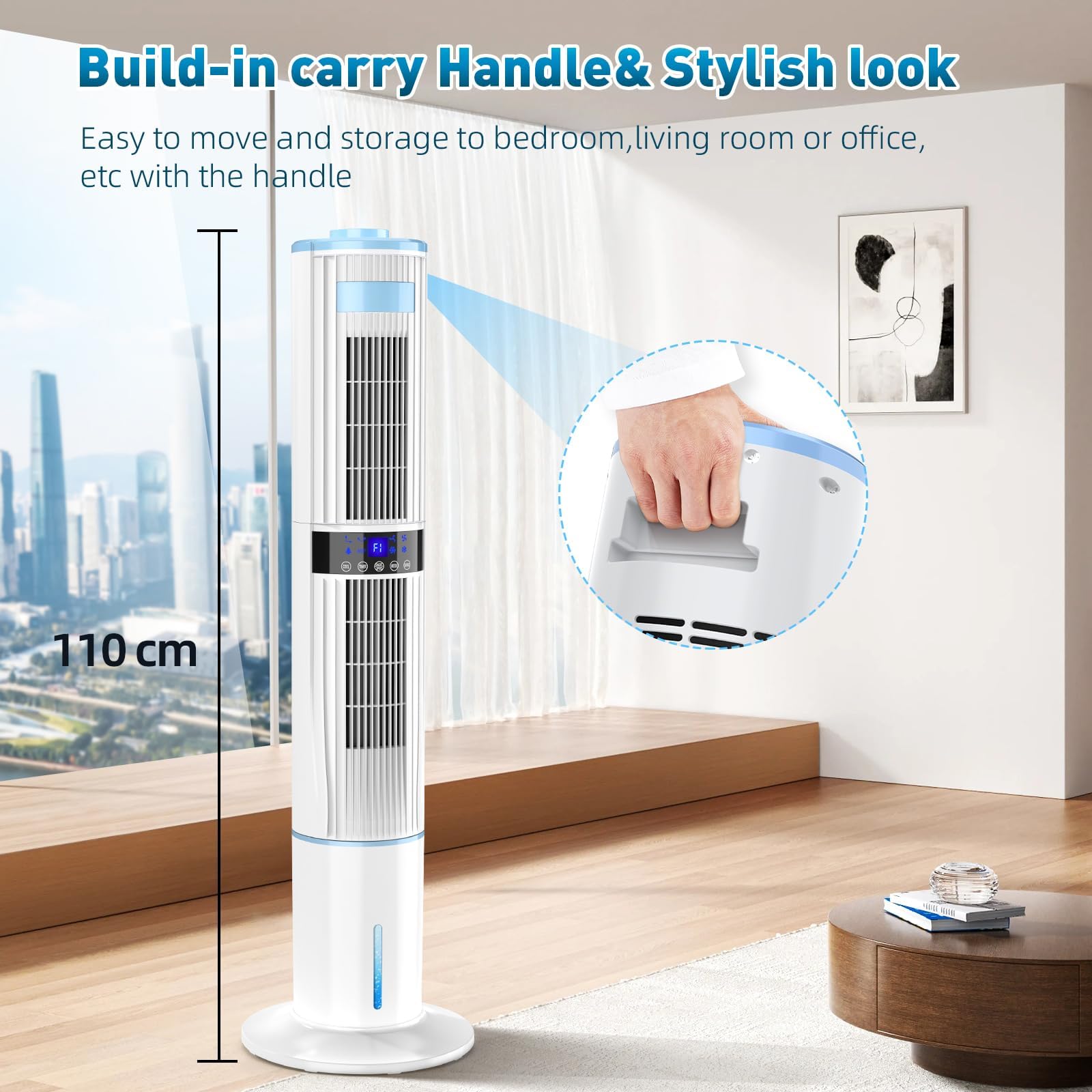 Condizionatore Portatile Senza Tubo, Raffrescatore d'aria 65W Doppio Oscillazione Automatica 360°, Raffrescatore Evaporativo 4 Modalità 3 Velocità con Timer 1-24H Telecomando 4 Impacchi di Ghiaccio