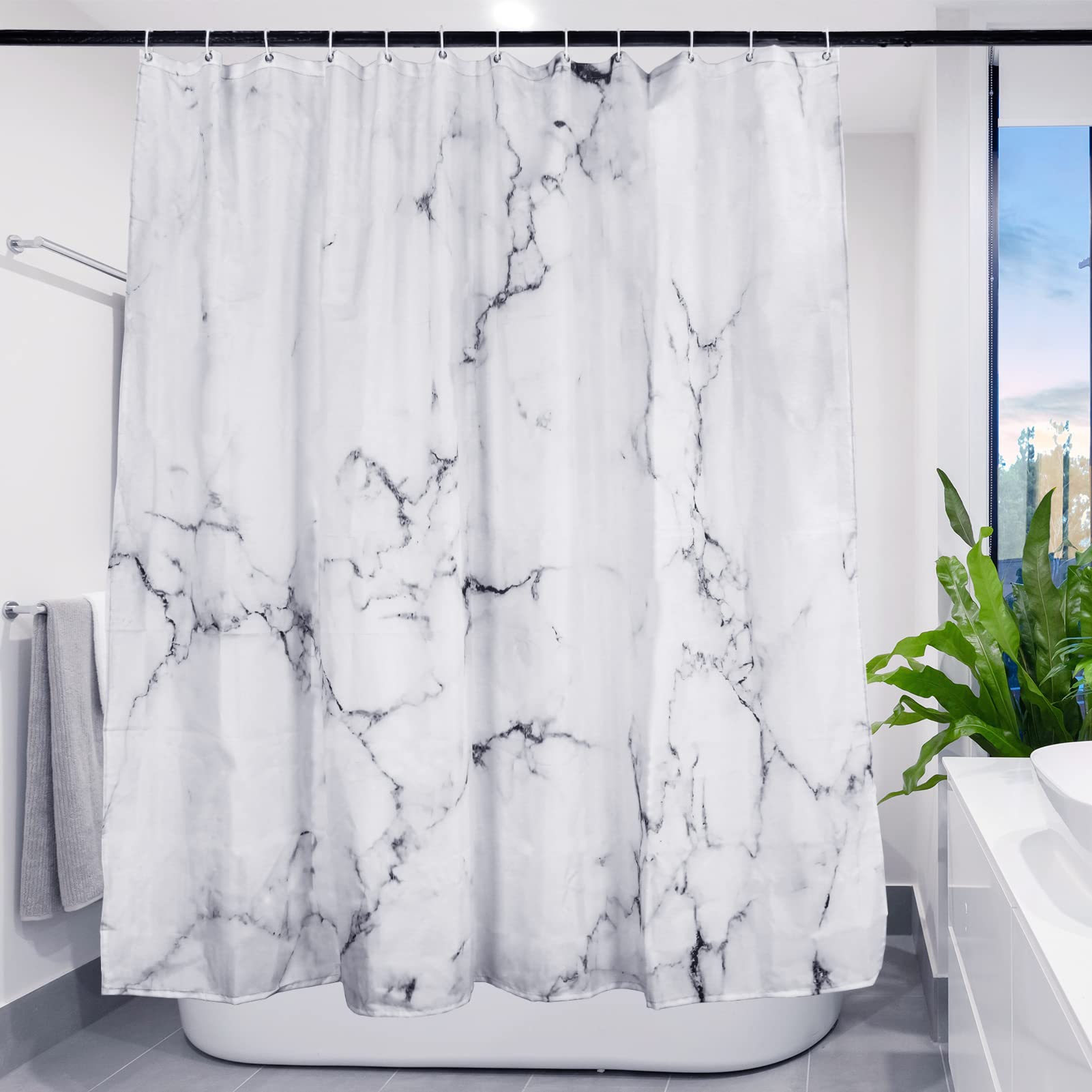 Shower Curtain, WEWINK CUKOO 100% Polyester Marble shower Curtains Mould Proof Resistant Waterproof Washable Shower Curtains with 4 Pcs Bath Balls (71 x 71 inch, Black and White)