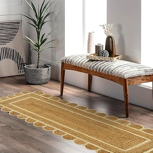 Miniatura 5 de GRUHUM Alfombra de yute festoneado de 2 pies 6 pulgadas x 6 pies, base natural, ribete blanco roto, tejida a mano, reversible, suave, trenzada, de