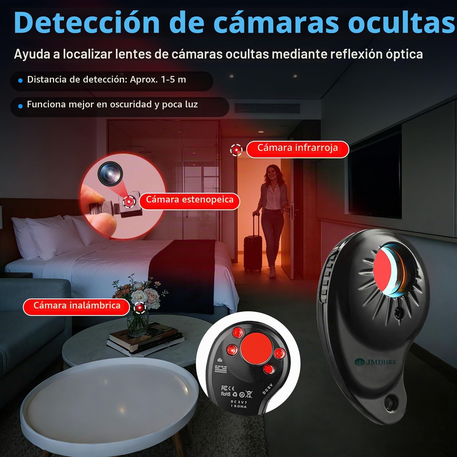 JMDHKK M8000 Detector de Cámaras Ocultas, Micrófonos y Dispositivos de Espionaje para Hoteles y Viajes (Negro)