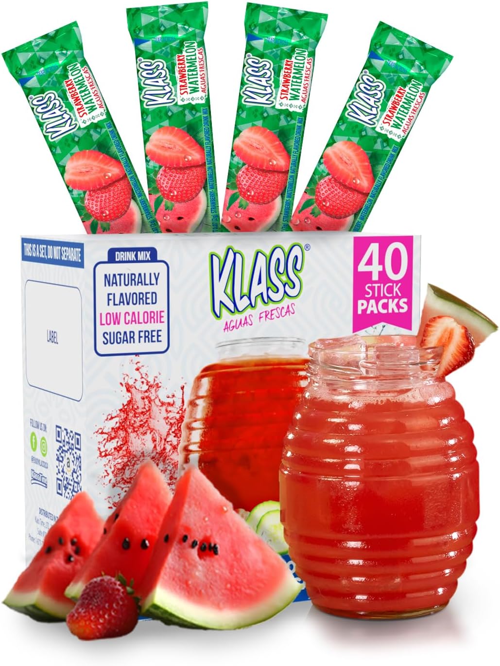 Strawberry-Watermelon Drink Mix - Sugar Free! (Pack of 4, 40 Count Powder Stick Packs) Shake it up! The new way to drink Aguas Frescas.