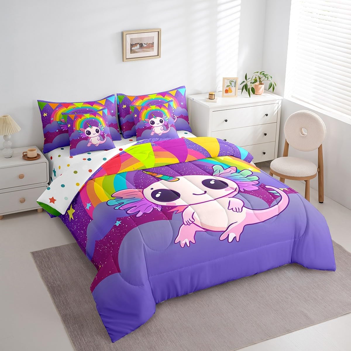 Erosebridal 7 Pieces Bed in a Bag Full Bedding Set with Sheets,Axolotl Comforter Sets for All Season,1 Comforter, 2 Cushion Covers, 1 Flat Sheet, 1 Fitted Sheet, 2 Pillowcases