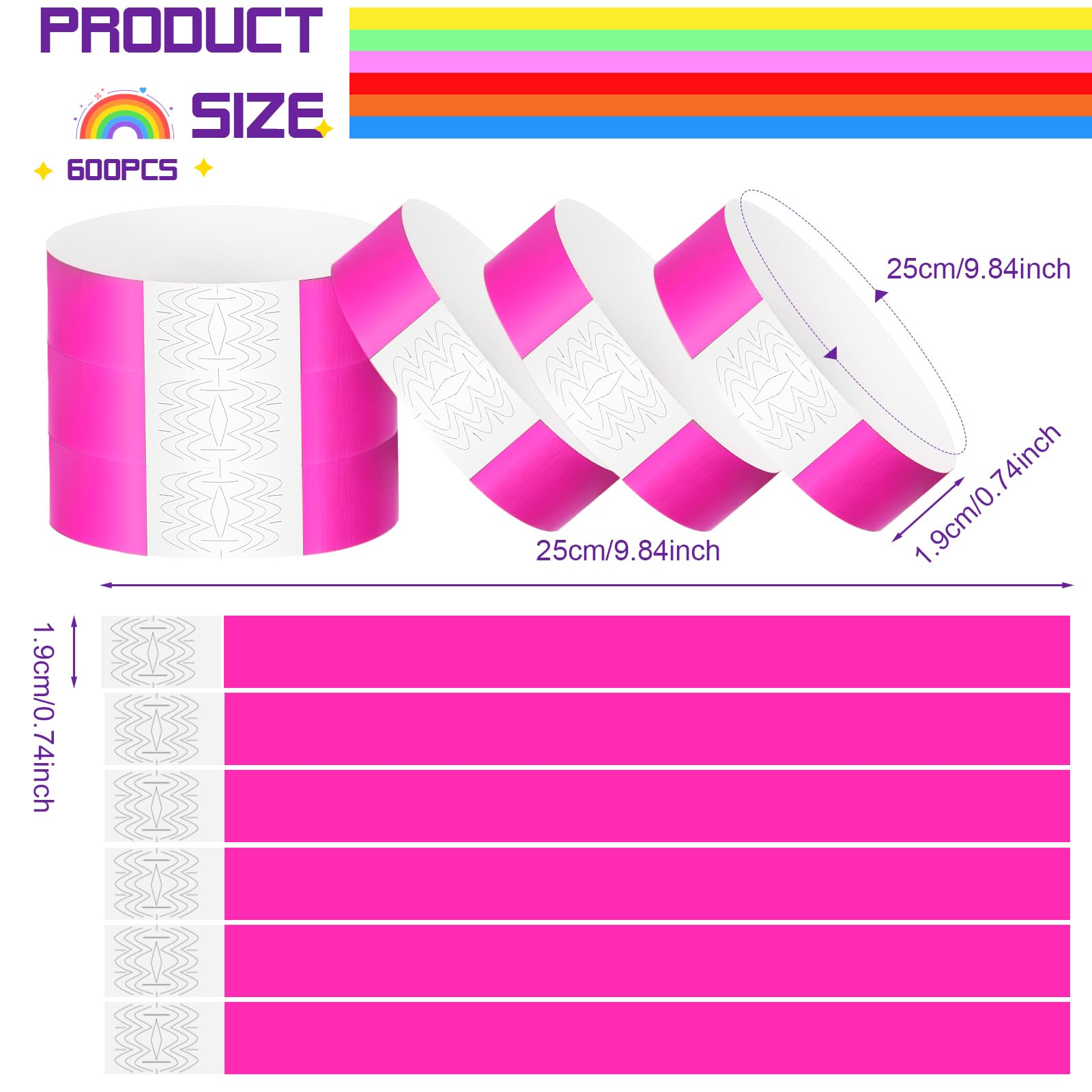 600 Piezas Pulseras Festivas Pulseras de Entrada Impermeables Banda de Muñeca de Evento Ligeras Papier Kontrollbänder für Veranstaltungen para Fiestas Discotecas Parques Acuáticos(Rosa)