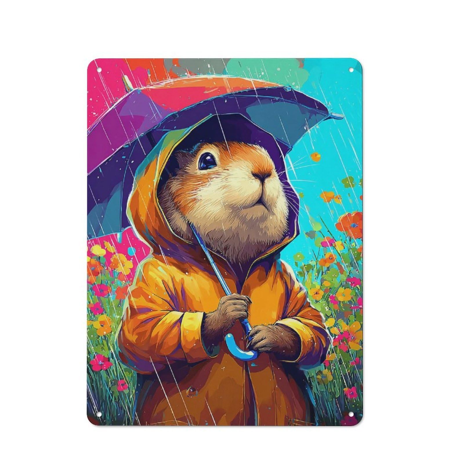 Junmoney Rainy Day Guinea Pig Adventure -1 Tin Wall Plaque 40X30cm With For Garage Or Workshop, For Living Room, Hallway And Entrance Wall Decor