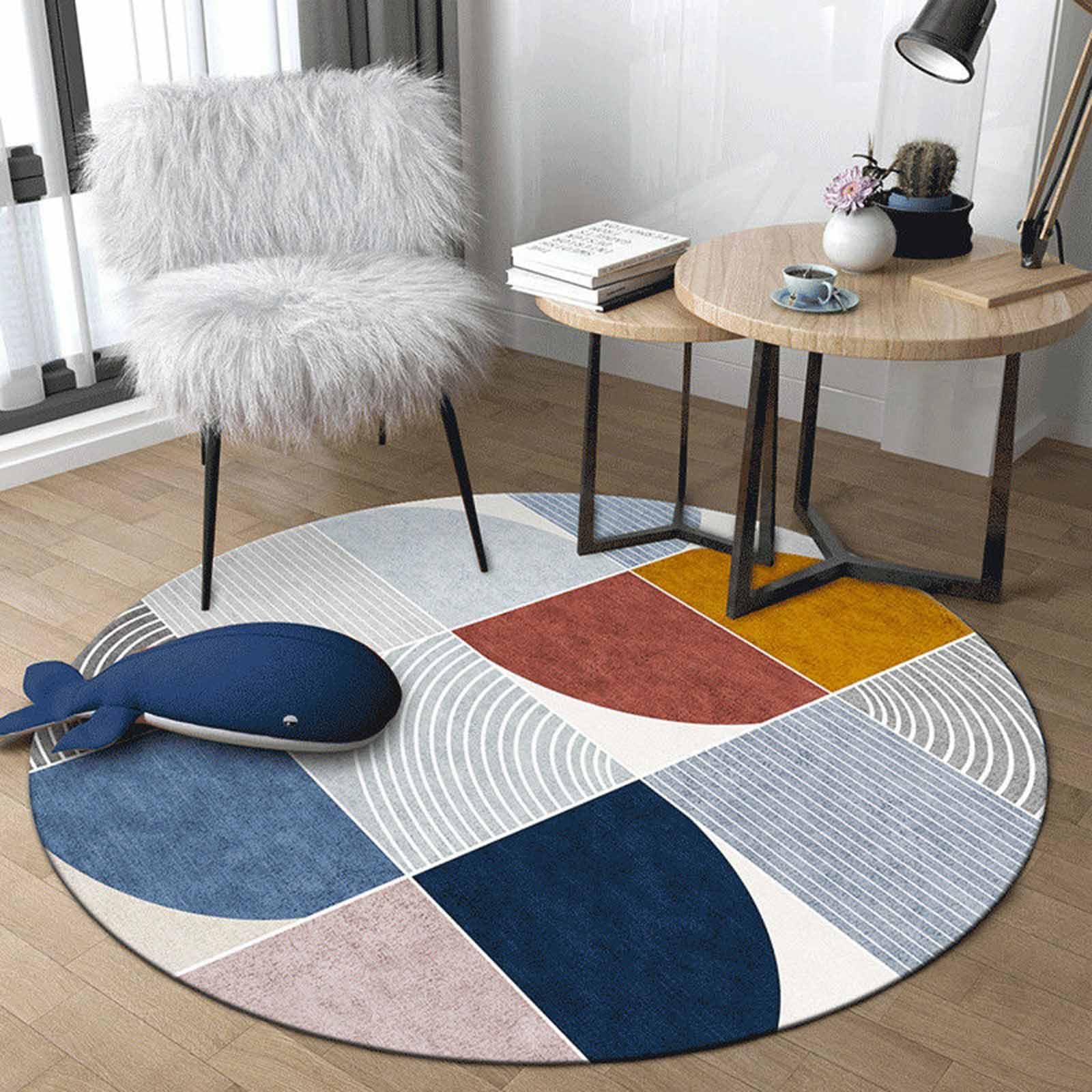 IUUUDDD Geometric Carpets 60cm 80cm 100cm 120cm 140cm 160cm 180cm 200cm Bedroom Rugs Round Navy Blue Orange Yellow Small Large Carpet for Bedroom Living Room Patio