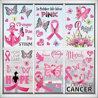9PCS Breast Cancer Awareness Window Clings Pink Ribbon Window Sticker for Glass Windows Removable Breast Cancer Decorations Decal Hope to Fight Cancer Theme Supplies for Window Decor Party