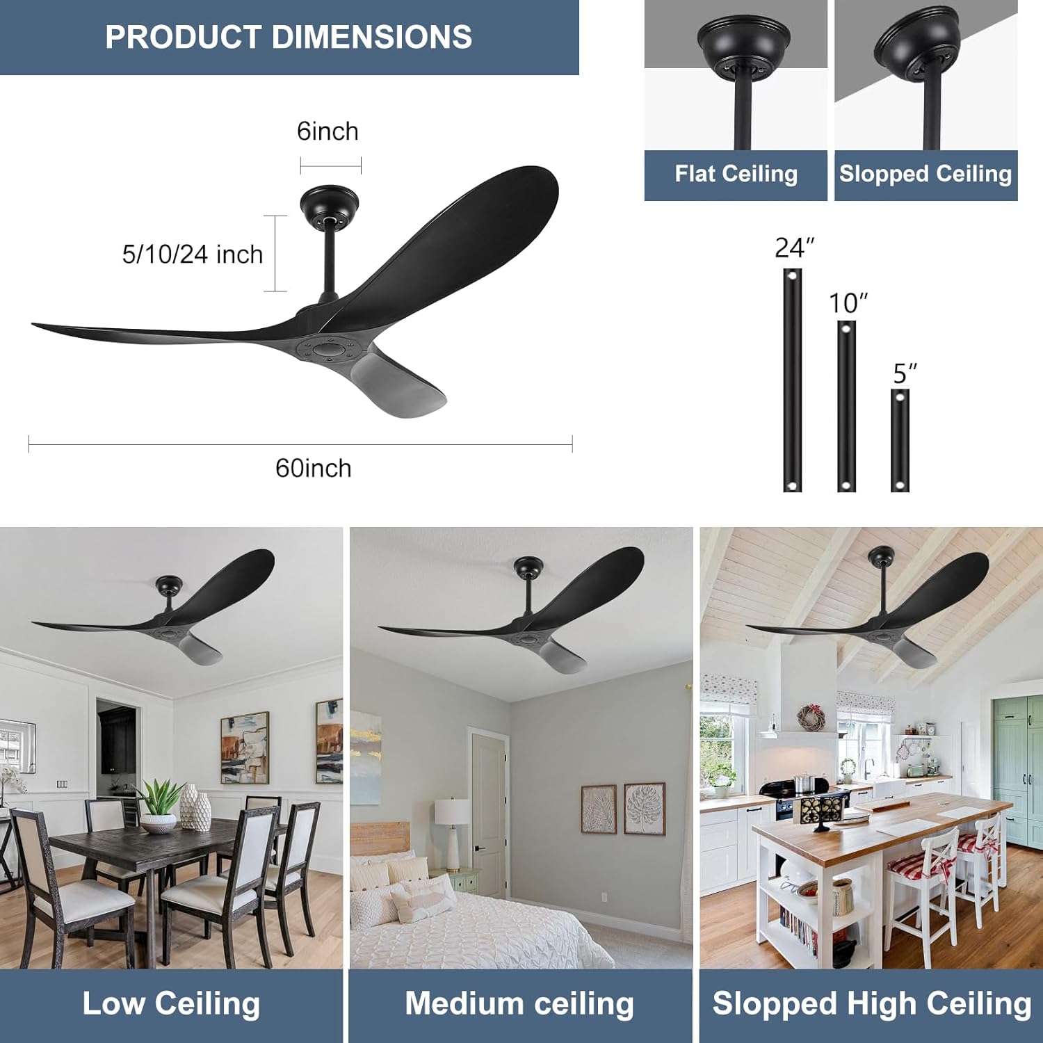 60'' Ceiling Fan No Light with Remote Control,Outdoor Ceiling Fan with DC Reversible and Silent Motor,3 Plastic Blades,Black Fan for Patios,Living Room,Bedroom