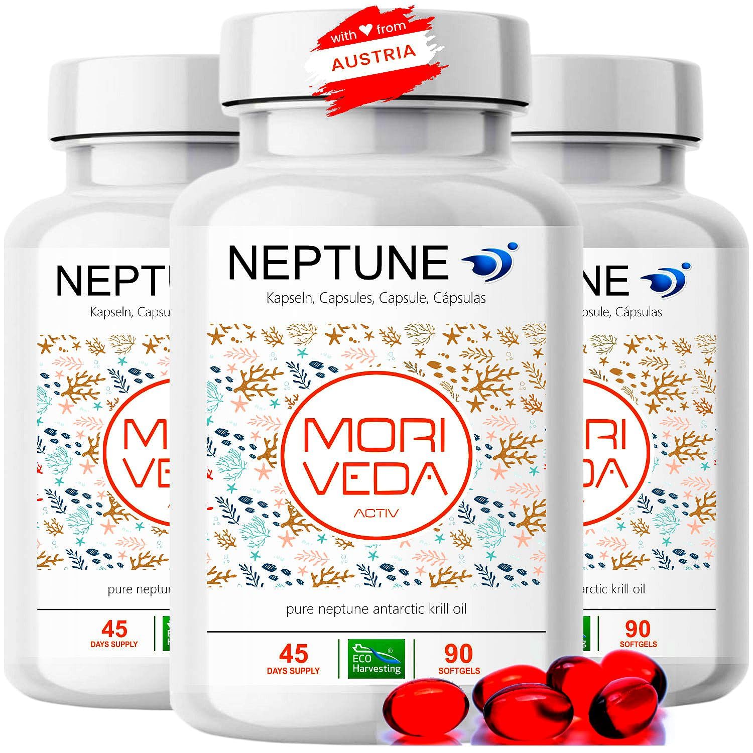 Moriveda NEPTUNE Krillöl Kapseln, 135-Tage-Vorrat, mit Omega-3 6 9 (EPA/DHA), Antioxidantien, Vitamin E & Cholin, MSC-zertifiziert & nachhaltig, 3 x 90 Softgels