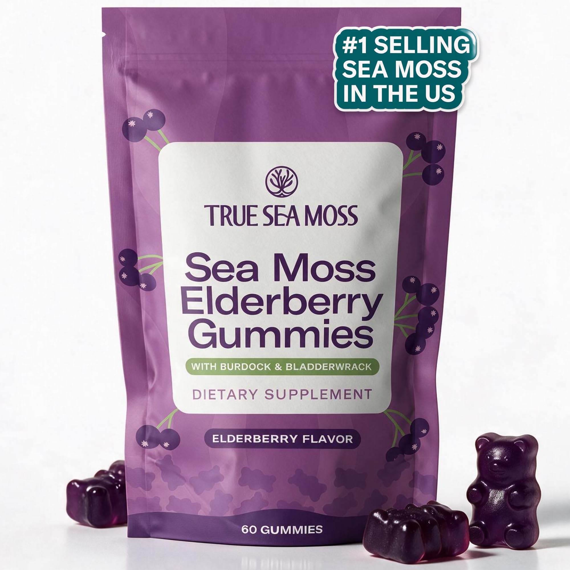TrueSeaMoss Sea Moss Elderberry Gummies for Adults &amp; Kids – with Burdock Root, Bladderwrack – 60 Gummies (Pouch May Vary)