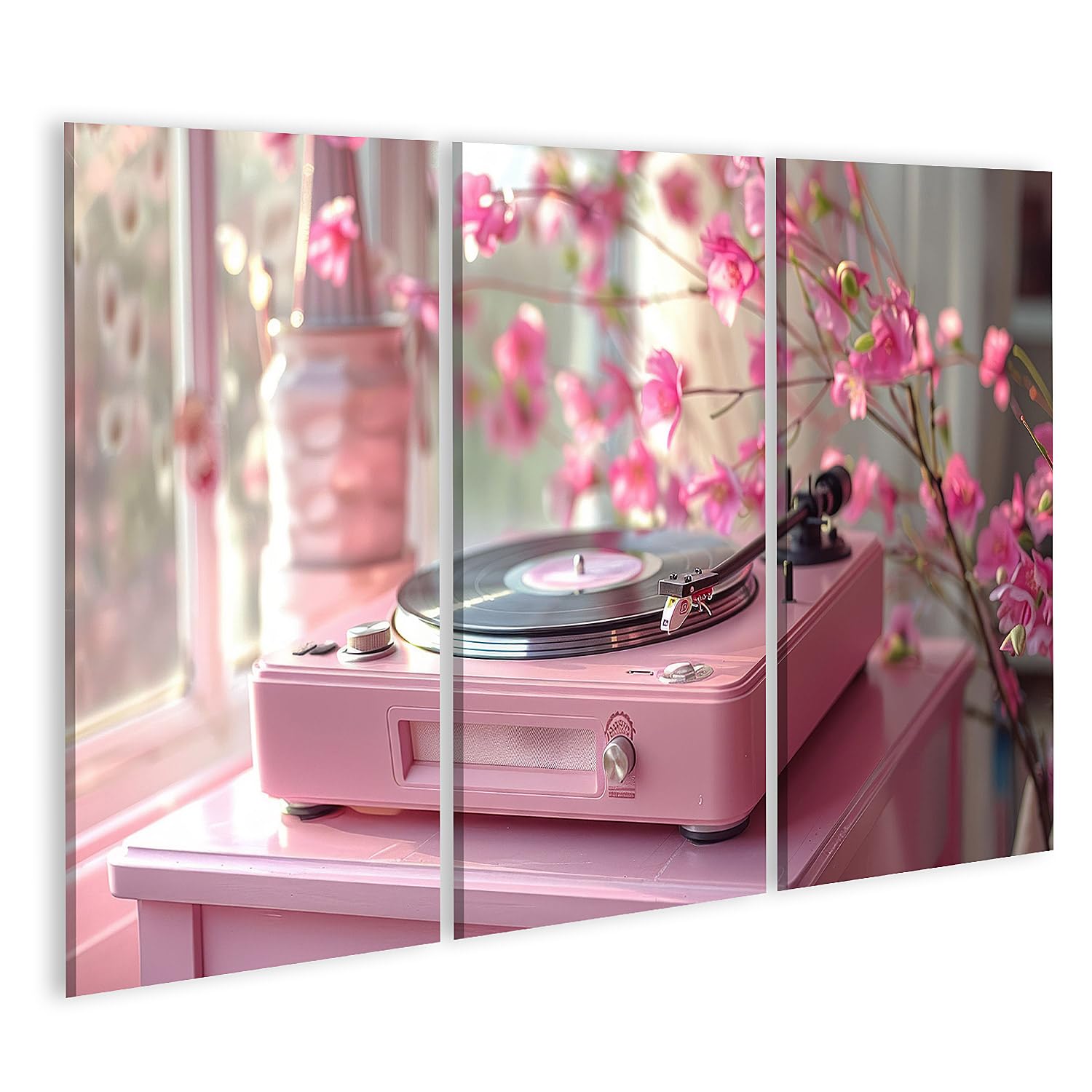 islandburner Prime Immagine su tela Giradischi rosa con fiori in luce primaverile per soggiorno amanti della musica negozio di musica immagini murali poster
