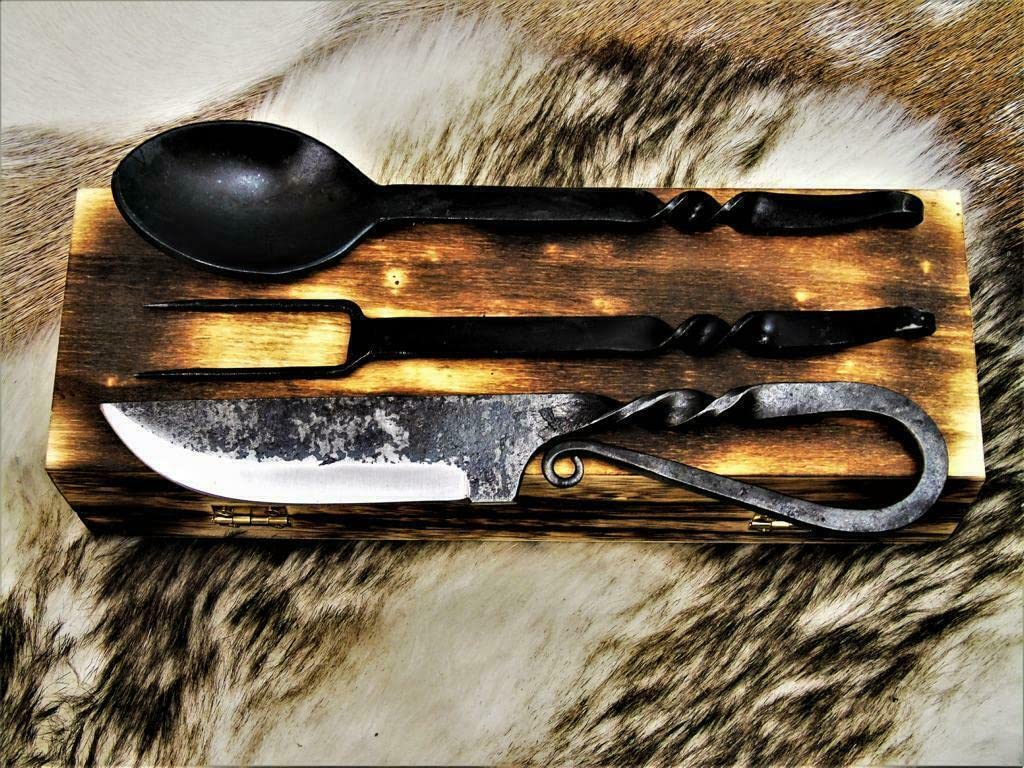 Set di posate medievali, in acciaio forgiato a mano, 3 pezzi, in acciaio al carbonio 1095, con fodero in pelle 4209