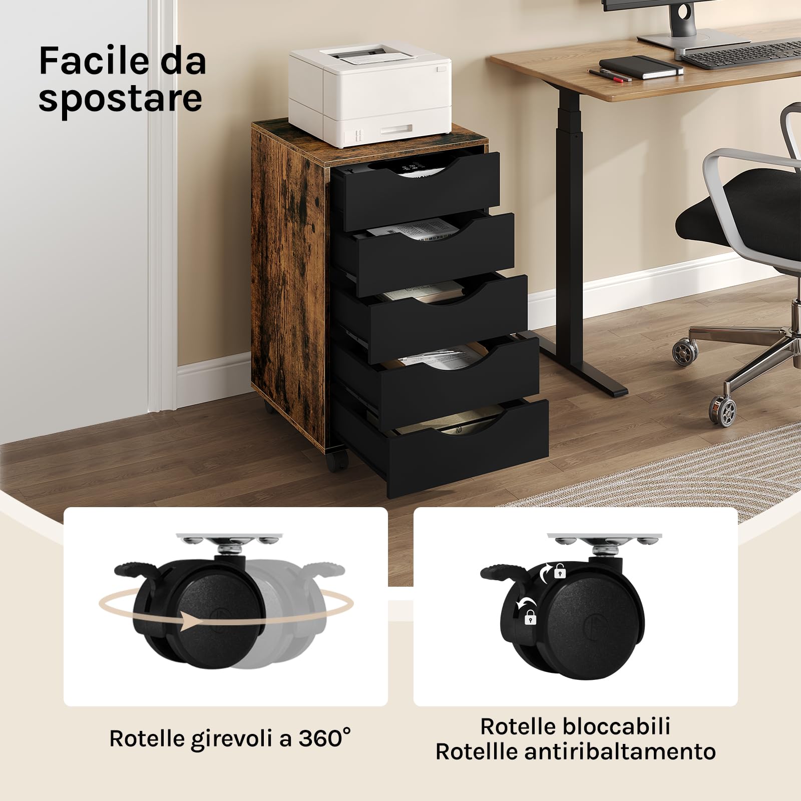 WOLTU Scrivania a Piedistallo con 5 Cassetti, Schedario Rotante, Comodino, Mobile per Ufficio, Camera da Letto, in Legno Ingegnerizzato PB, Marrone Rustico, 40x40x66,5cm