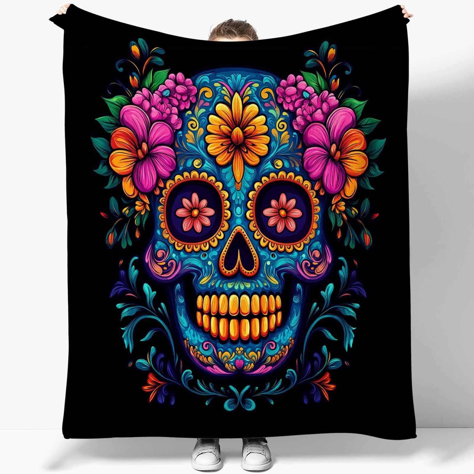 Manta Franela para Cama Manta para Sofá Suaves 100% Microfibra Grande Vistoso Flannel Blanket Abstracto Flores Calavera Manta Invierno Calentitas 220 x 240 cm