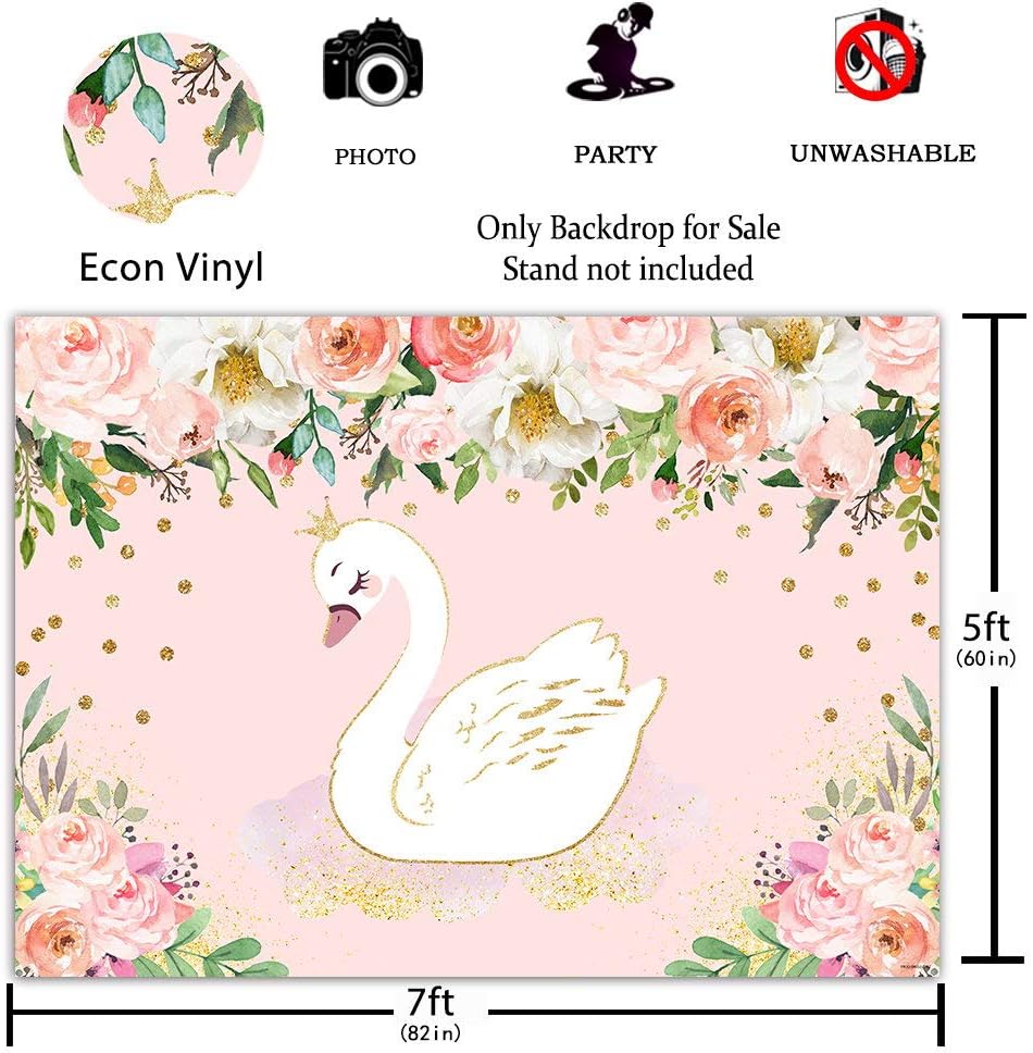 Funnytree 7x5フィート ホワイト 白鳥 写真背景 誕生日 ベビーシャワーパーティー装飾 ピンク 花柄 ゴールド 王冠 背景 フォトブース Funnytree バックペーパー 背景布 Amazon