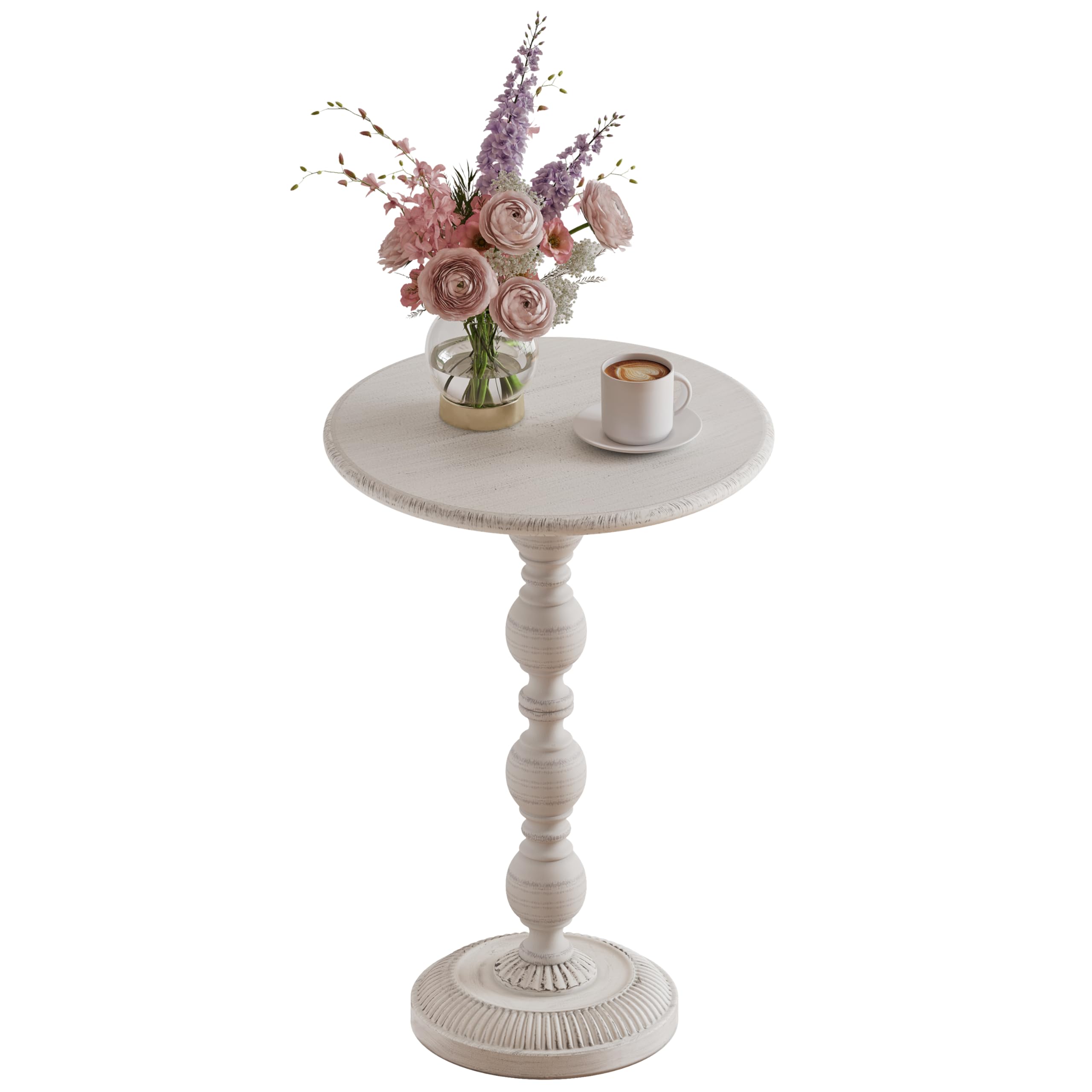 Photo 1 of FormaCraft Small Round Metal Side Table, Lightweight Decorative Drink Table with Vintage Roman Column, Retro Distressed Accent Table for Living Room, Bedroom, Corners (1, Retro White)