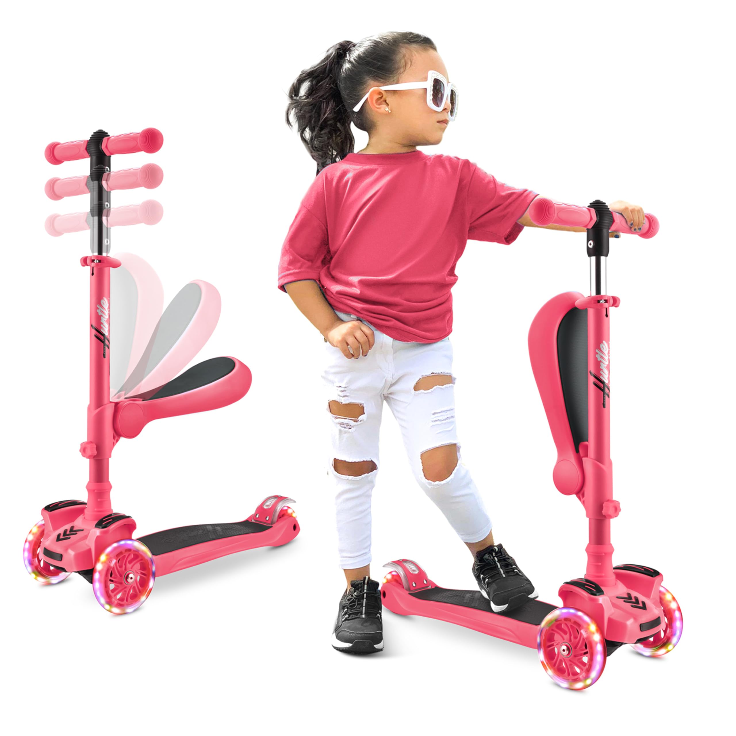 Hurtle Monopattino Bambino, Monopattino Bambina, Monopattino a 3 Ruote, Regolabile in Altezza con Sedile Pieghevole, Scooter per Bambini e Bambine con Ruote LED Multicolore, Dai 1 ai 14 Anni