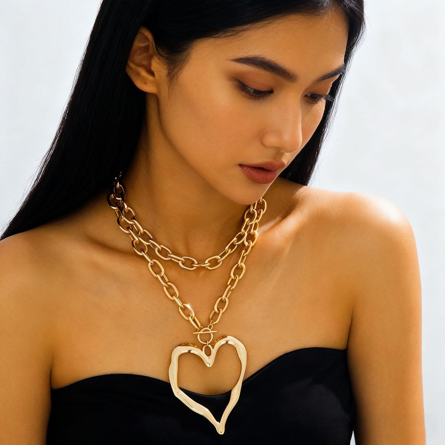 Chunky Gold Necklace Big Heart Necklace for Women Silver Large Statement Necklaces Thick Bold Chain Puffy Love Heart Charm Necklaces for Women with OT Toggle Silver Chunky Gold Jewelry Trendy Valentine's Day Gift - Image 6