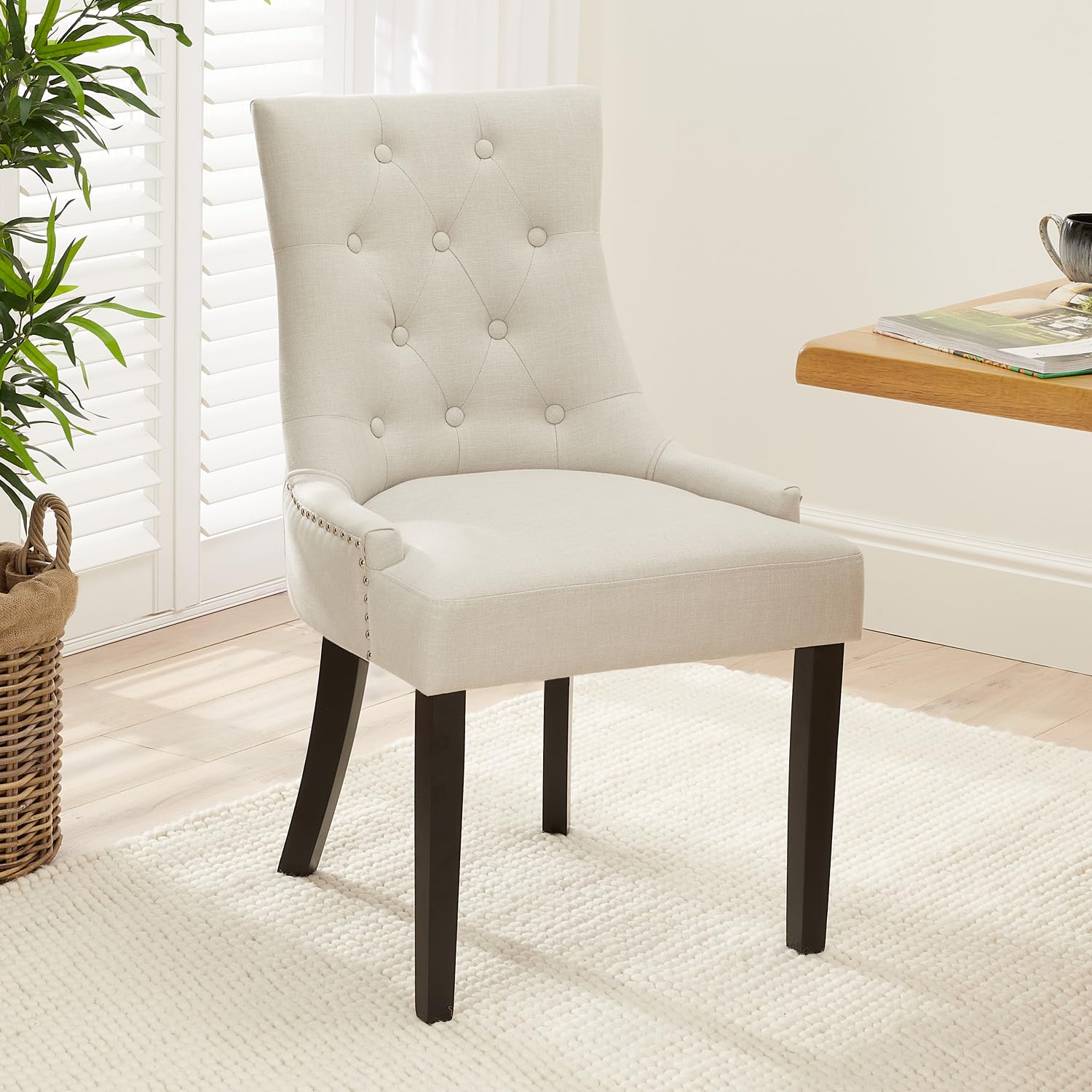 The Furniture Market Luxury Natural Linen Fabric Scoop Back Dining Chair | Button Quilted Upholstery | Stud Detailing | Sprung & Webbed Seat | H 920 x W 560 x D 610mm