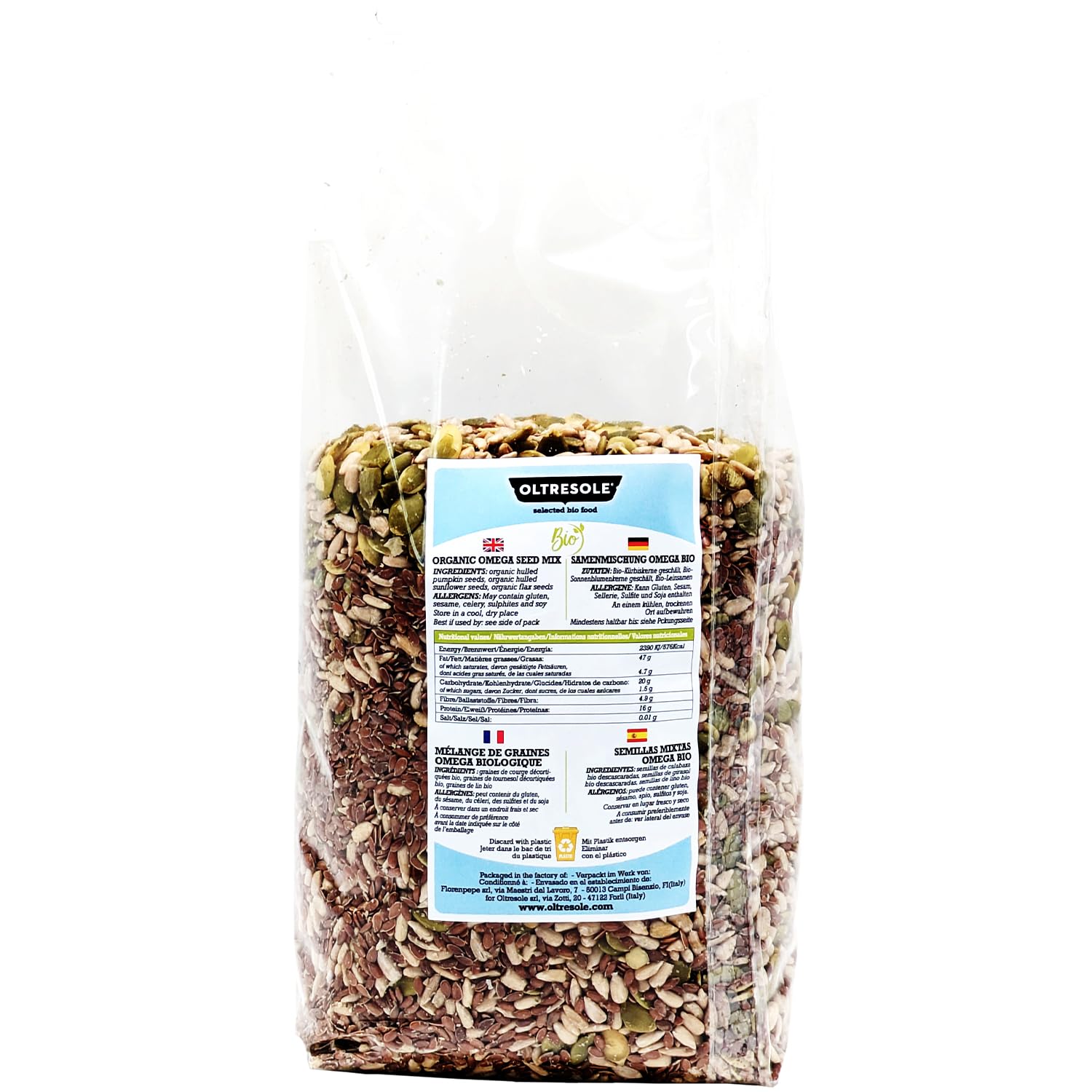Oltresole, Mezcla De Semillas Omega Ecológicas 1 Kg (Calabaza, Girasol Y Lino), Mezcla De 3 Semillas Oleaginosas Crudas Enteras, Ricas En Proteínas, Fibra Y Omega 3