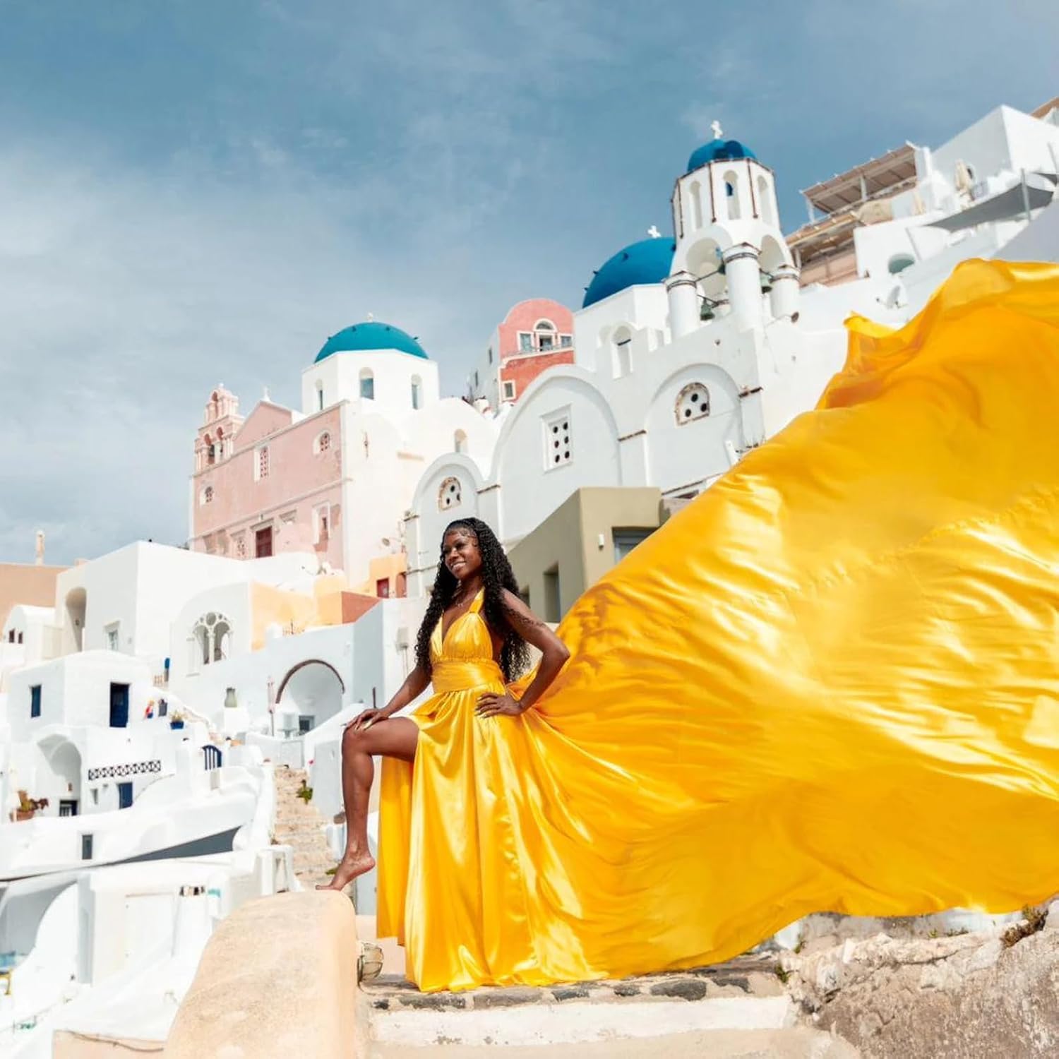 Yellow Long Tail Flying Dress for Women's Wedding, Maternity Photoshoot Santorini Flying Dress for Photoshoot | Long Tail Satin Maxi