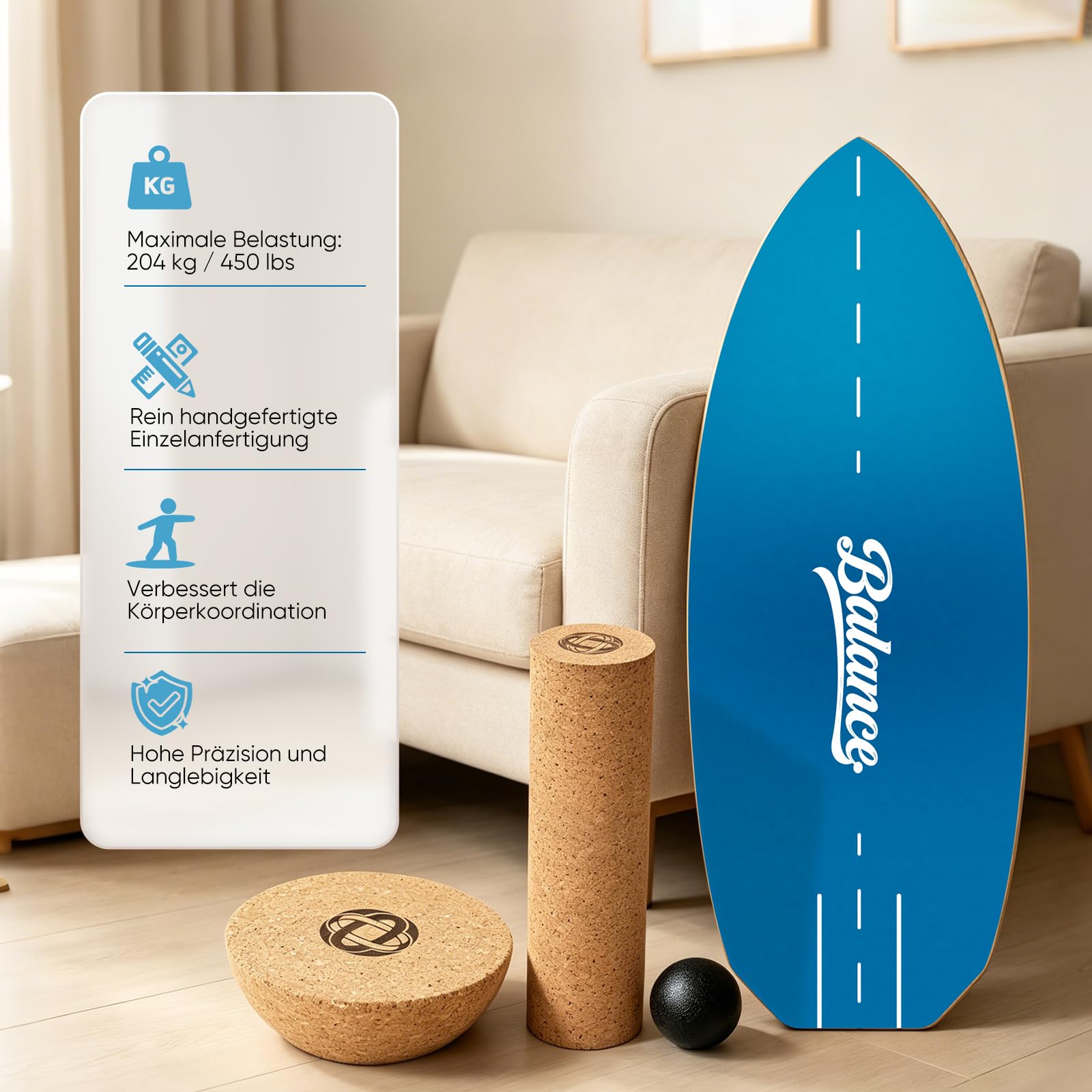 Balance Board Komplett-Set aus Massivholz – 4-in-1 Gleichgewichtsboard mit Rolle, Halbkugel & Faszienball, 78 x 30 cm, belastbar bis 204 kg, rutschfest – für Erwachsene, Anfänger & Profis