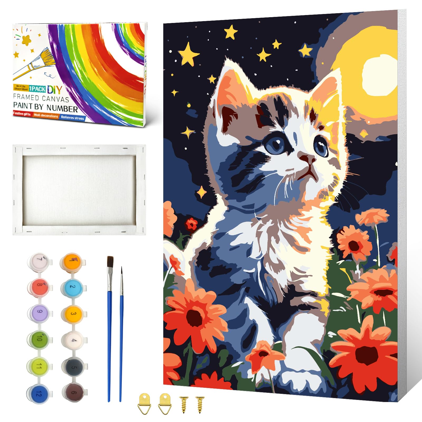 Cat Paint by Number with Frame,Easy Painting for Beginner,Colourful Box