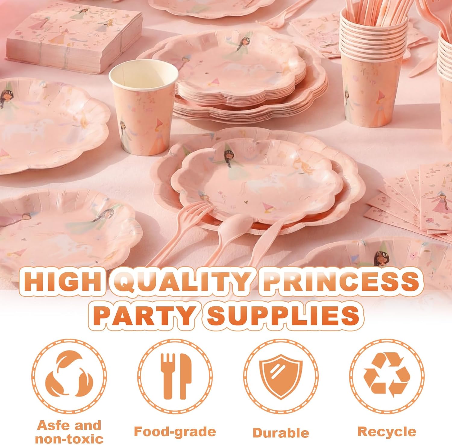 Yungyan 170 Pcs Princess Party Supplies Kit Pink Fairytale Disposable Tableware Set Include Plate Cup Utensil Napkin for Princess Birthday Party Baby Shower Decoration, Serve 24 Guests