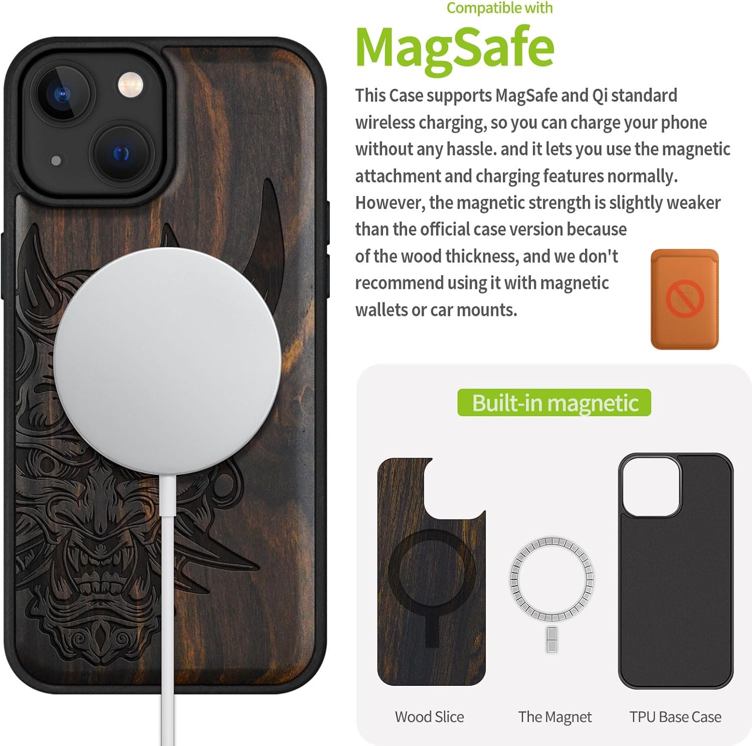 Carveit Magnetic Wooden Case for iPhone 15 Case, Compatible with MagSafe Wireless Chargers, Black Soft TPU Shockproof Cover & Wood Artisan Engraved (Japanese Oni Mask) - Blackwood