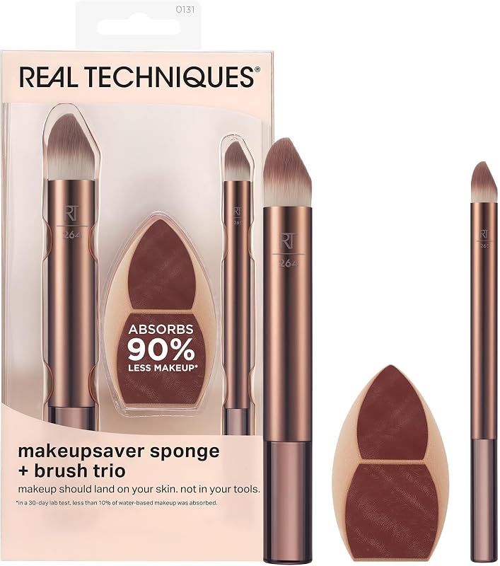 Trío de esponja mezcladora y brochas de maquillaje Real Techniques Makeupsaver | Menos desperdicio de maquillaje con un juego de esponja y brocha de maquillaje, brocha para corrector, cabezales inclinados y multiángulo